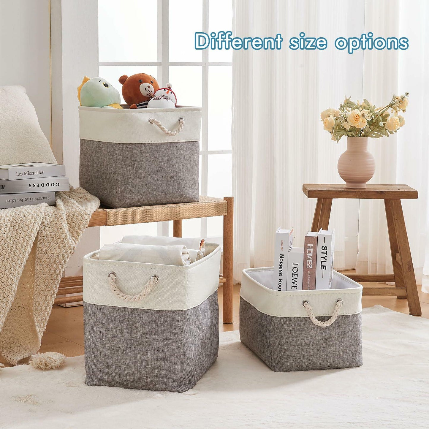 HOdo Home 3PCS Fabric Storage Bins 15x11x9.5in White Grey Collapsible Cubes