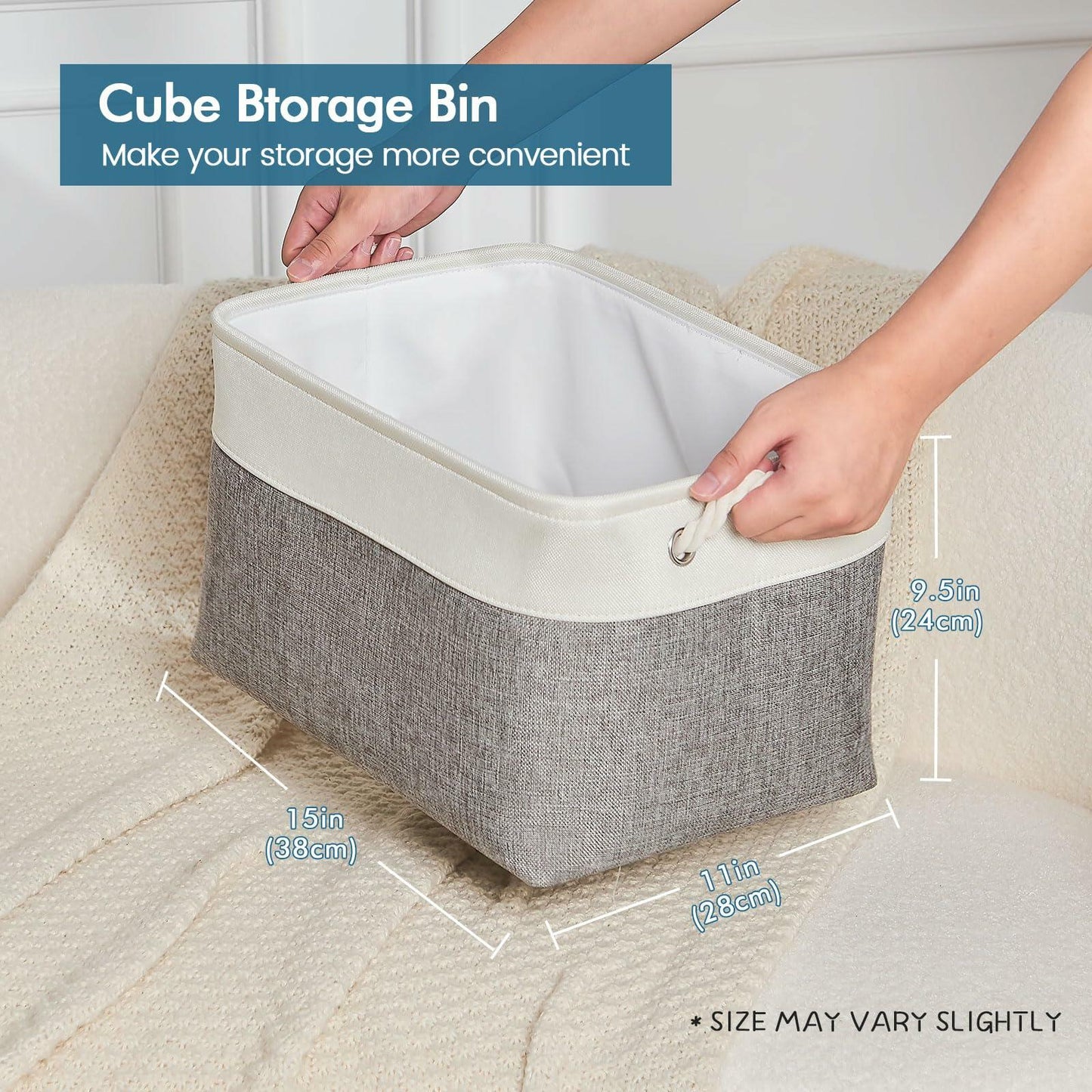 HOdo Home 3PCS Fabric Storage Bins 15x11x9.5in White Grey Collapsible Cubes