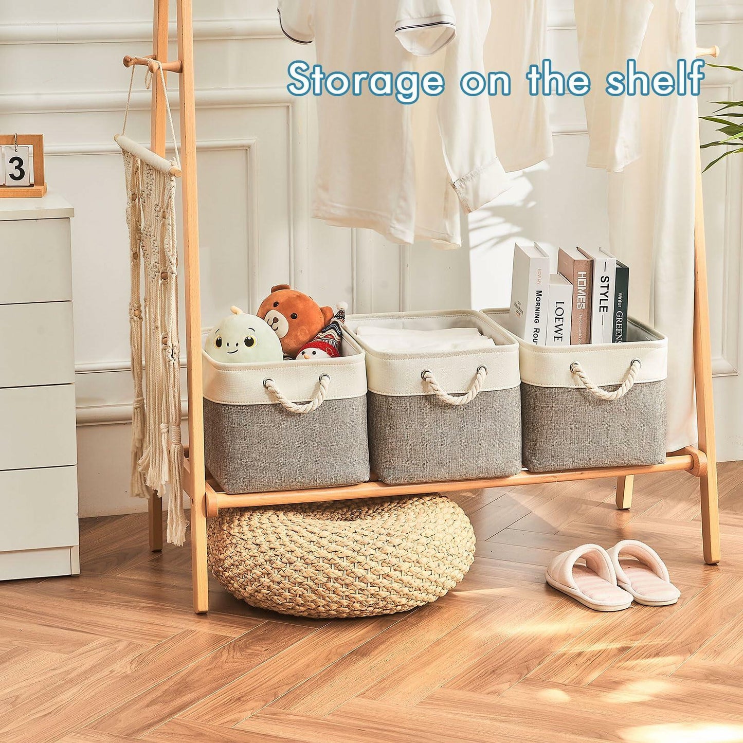 HOdo Home 3PCS Fabric Storage Bins 15x11x9.5in White Grey Collapsible Cubes