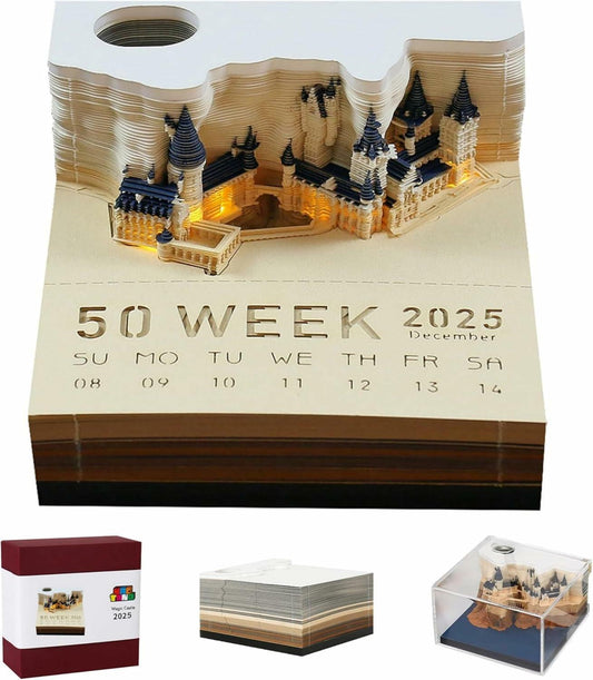 Time Piece 2025 Desk Calendar 3D Carving LED Light Castle Desktop