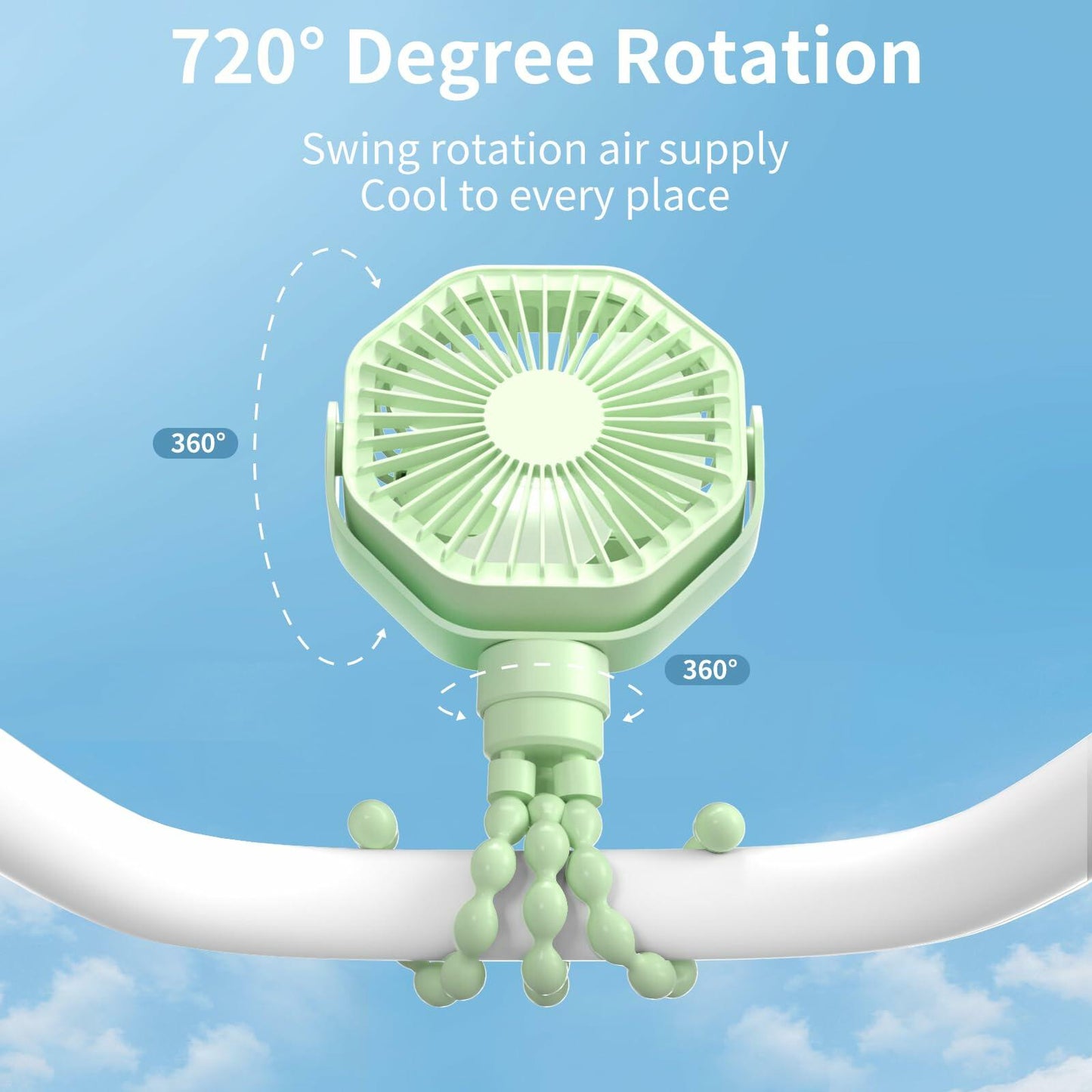 Lerat Portable Stroller Fan 3-Speed Rechargeable Clip-On Green