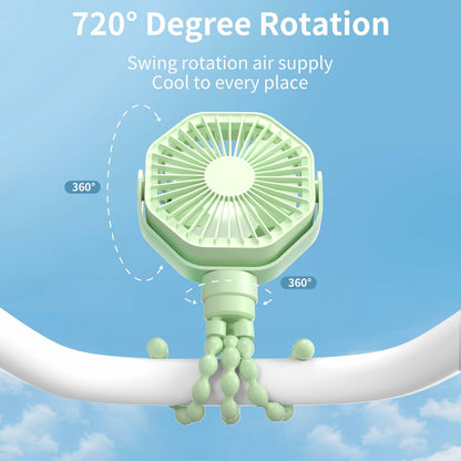 Lerat Portable Stroller Fan 3-Speed Rechargeable Clip-On Green