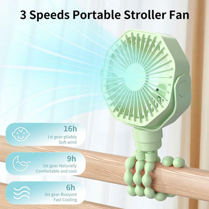 Lerat Portable Stroller Fan 3-Speed Rechargeable Clip-On Green