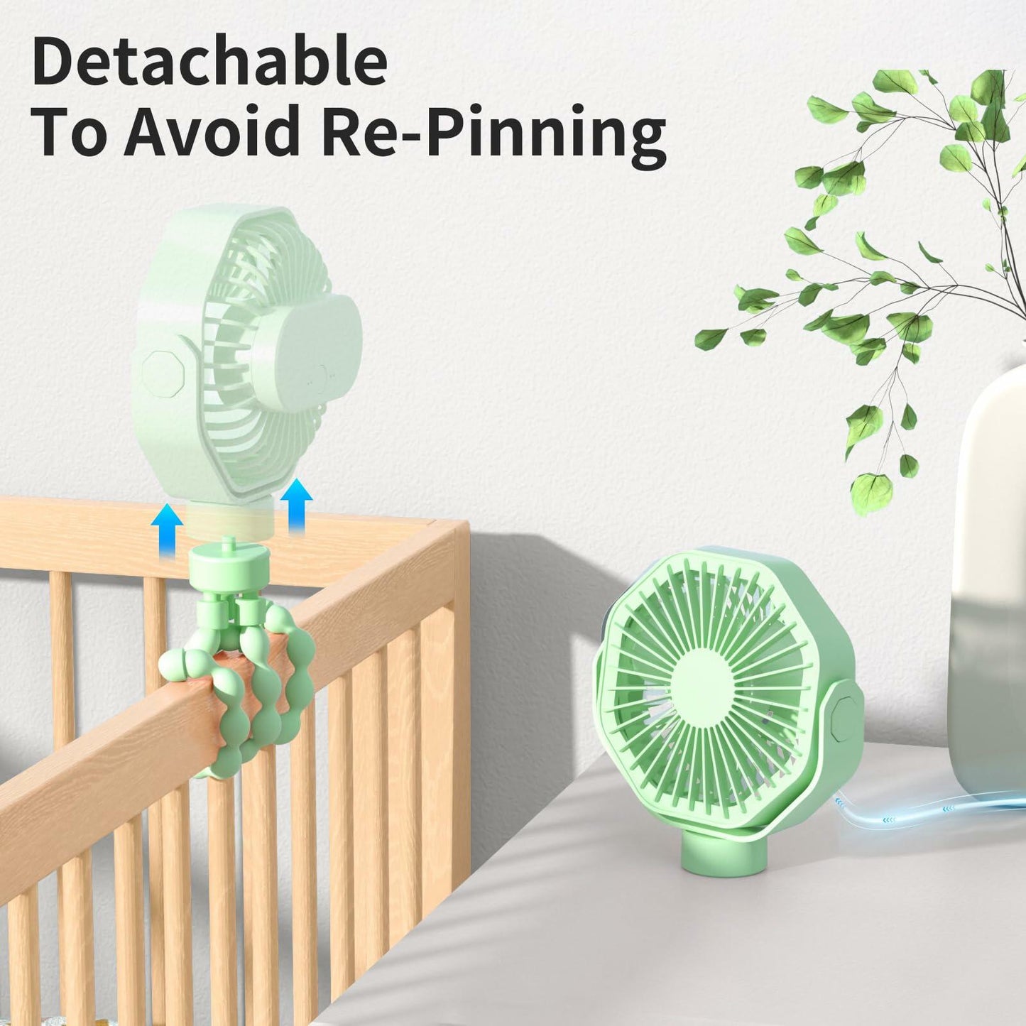 Lerat Portable Stroller Fan 3-Speed Rechargeable Clip-On Green