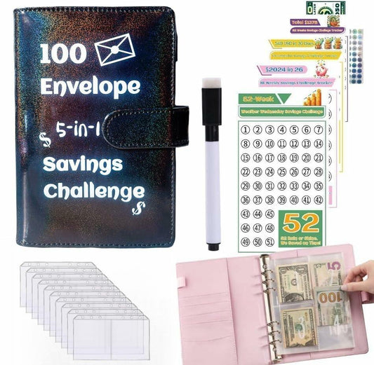 100 Envelope Challenge Binder 5-in-1 Budget Planner Shining Silver