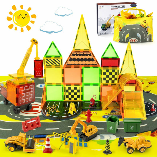 Magnetic Tiles Kids Construction Toys with Trucks Road Signs Mat Storage Bag