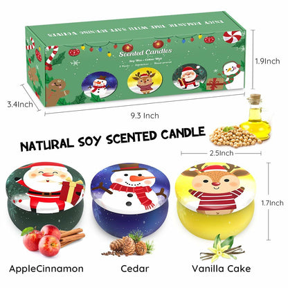 Christmas Scented Candle Set 3 Pack Soy Apple Cinnamon Cedar Vanilla 2.5oz