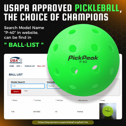 PickPeak Pickleball Balls USAPA Approved 4 or 12 Pack Outdoor P-40 Green