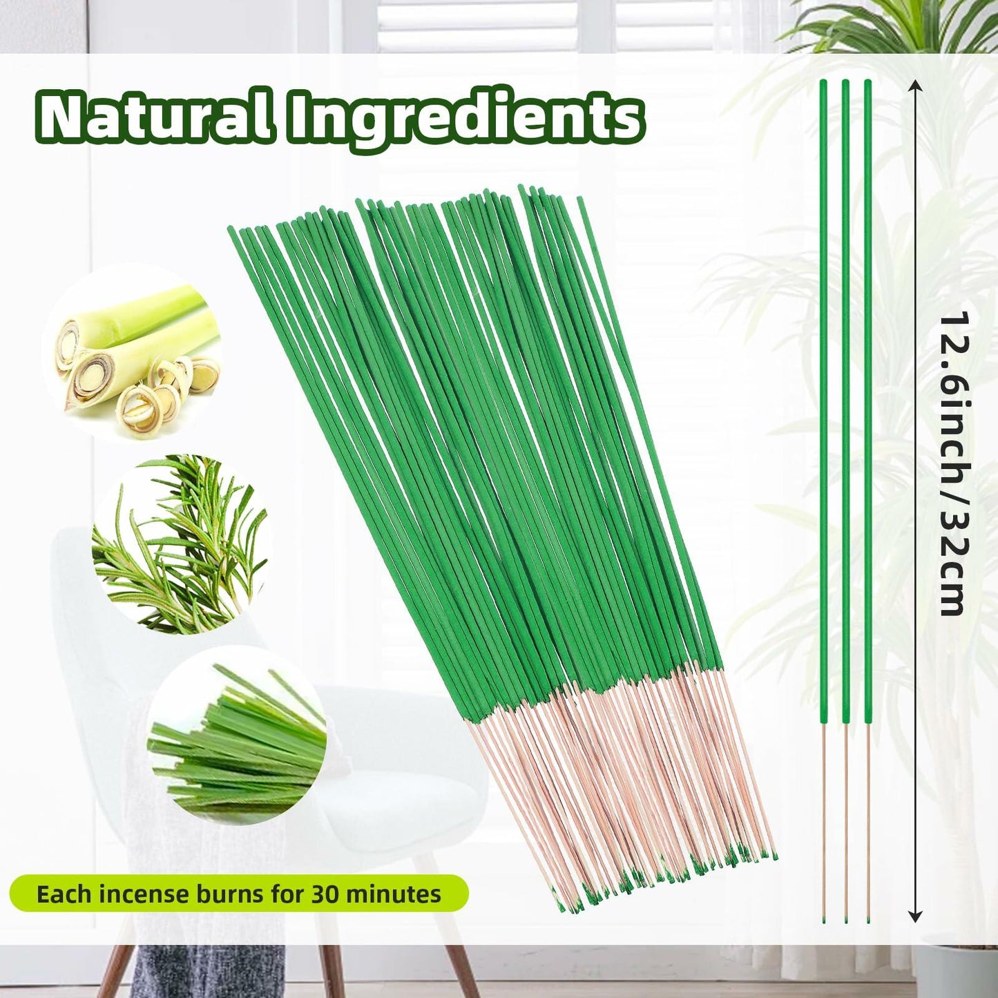 60Citronella Incense Sticks–Natural Lemongrass&Rosemary Oil for Outdoor & Indoor