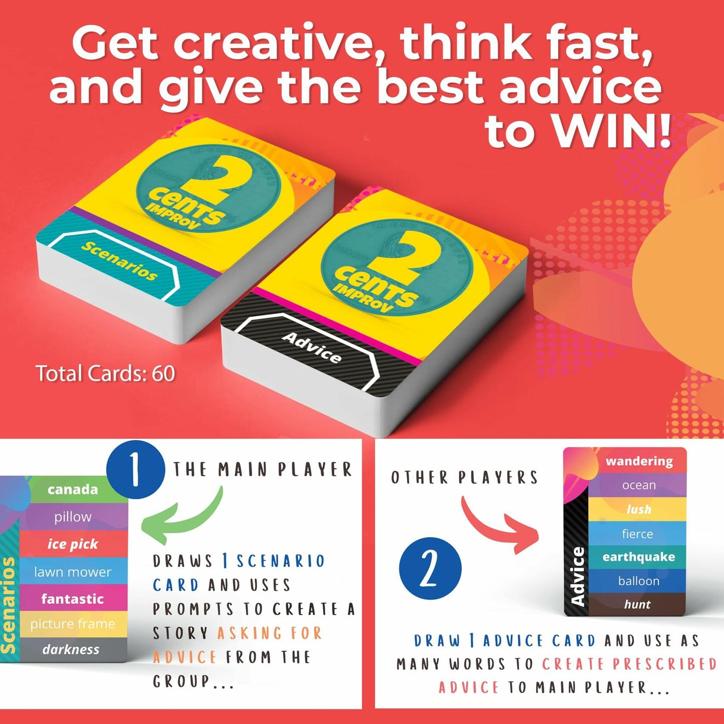 QUOKKA 2 Cents Game Night Story Card Improv Game 60 Cards 3-8 Players