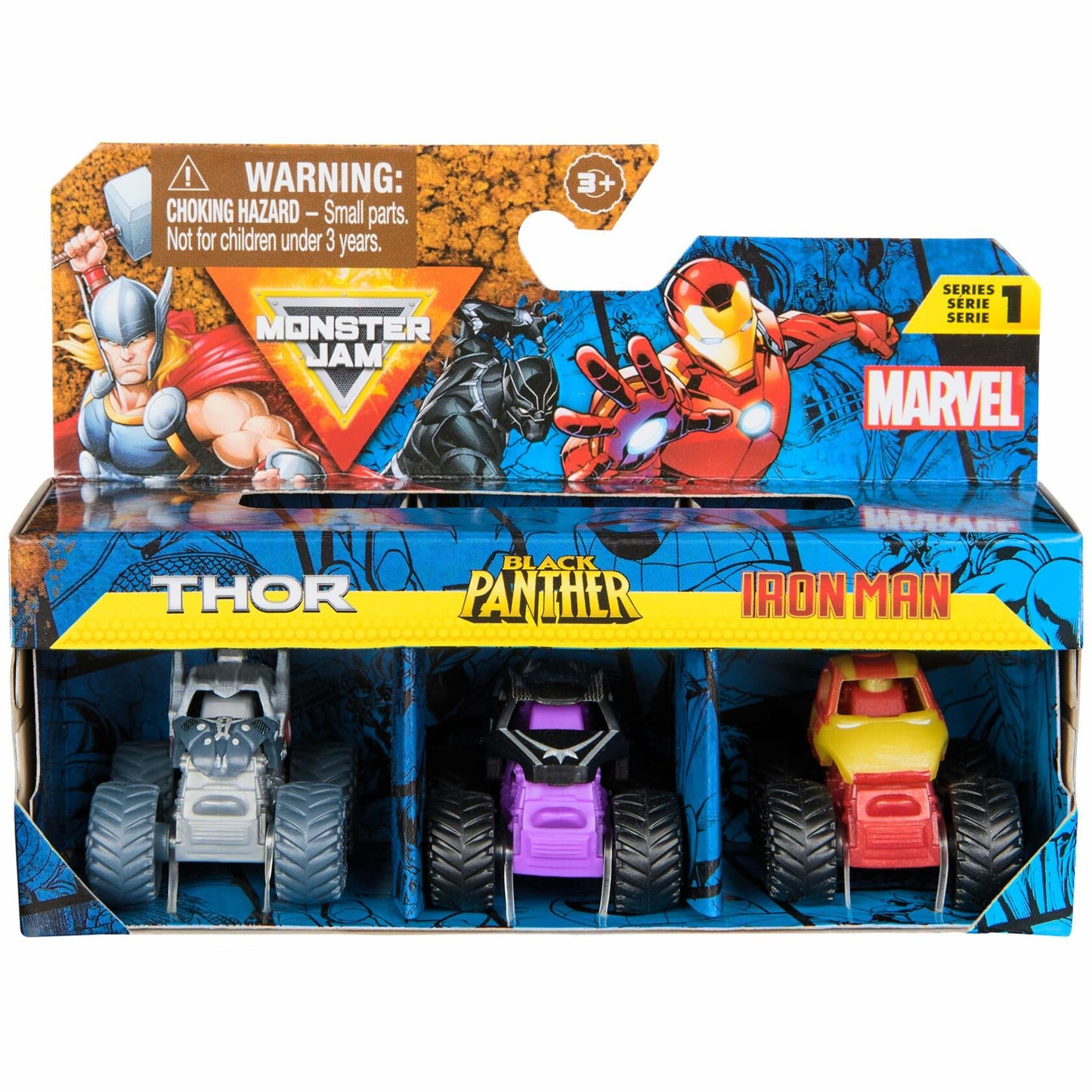 Monster Jam Marvel Mini Monster Truck 3-Pack Thor Black Panther Iron Man