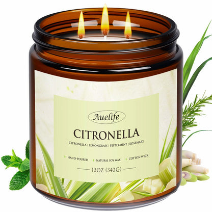 Auelife 12oz Citronella Candle 3 Wick Soy Wax Long Lasting Outdoor Indoor