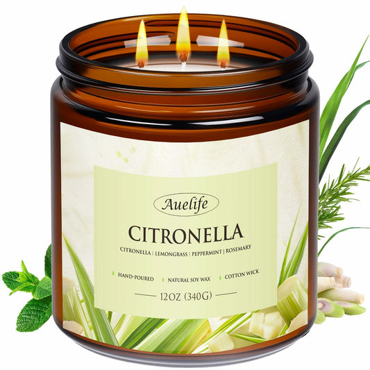 Auelife 12oz Citronella Candle 3 Wick Soy Wax Long Lasting Outdoor Indoor