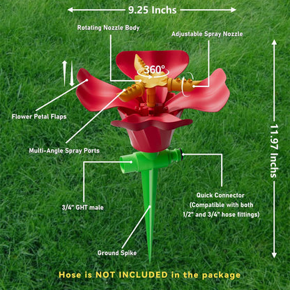 IcyByte Rotating Flower Garden Sprinkler Adjustable Spray Modes Red 8.66"