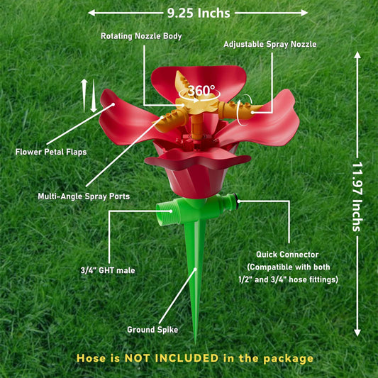 IcyByte Rotating Flower Garden Sprinkler Adjustable Spray Modes Red 8.66"