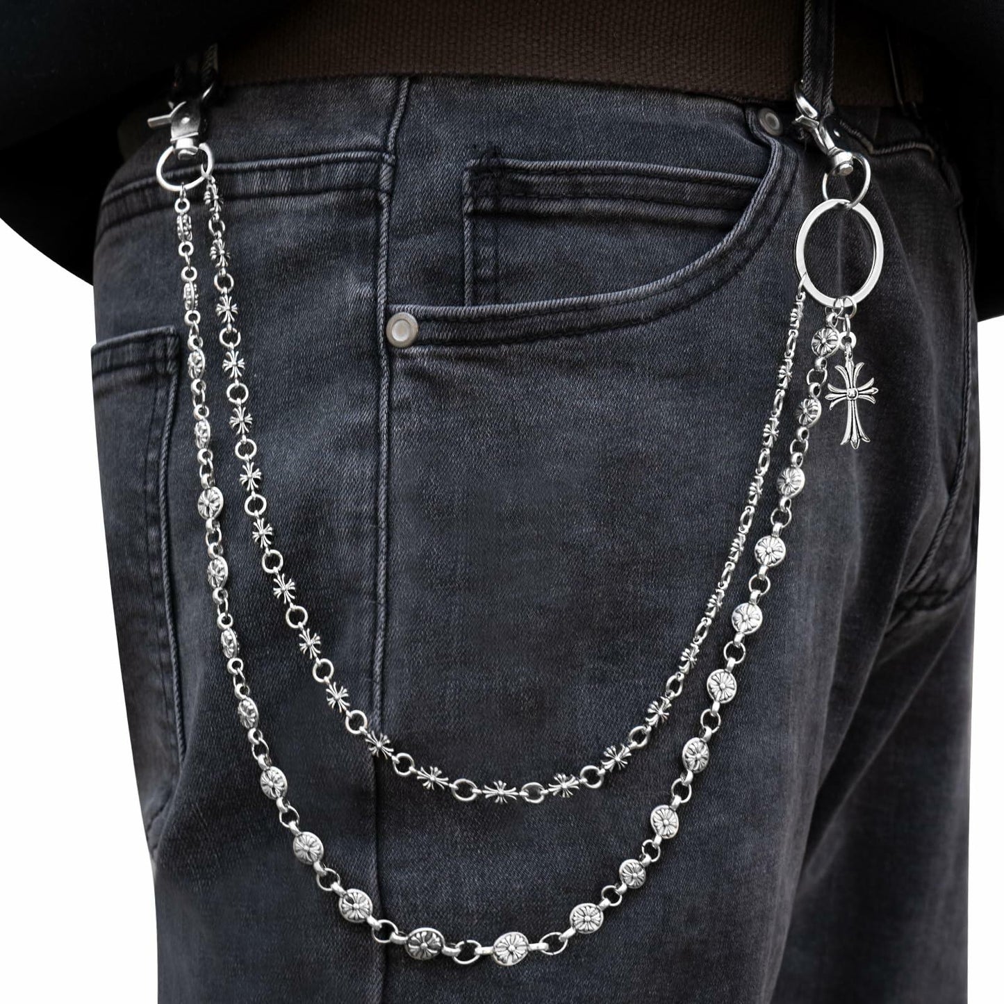 Miglaja Men's Double Clover Cross Wallet Chain Punk Silver