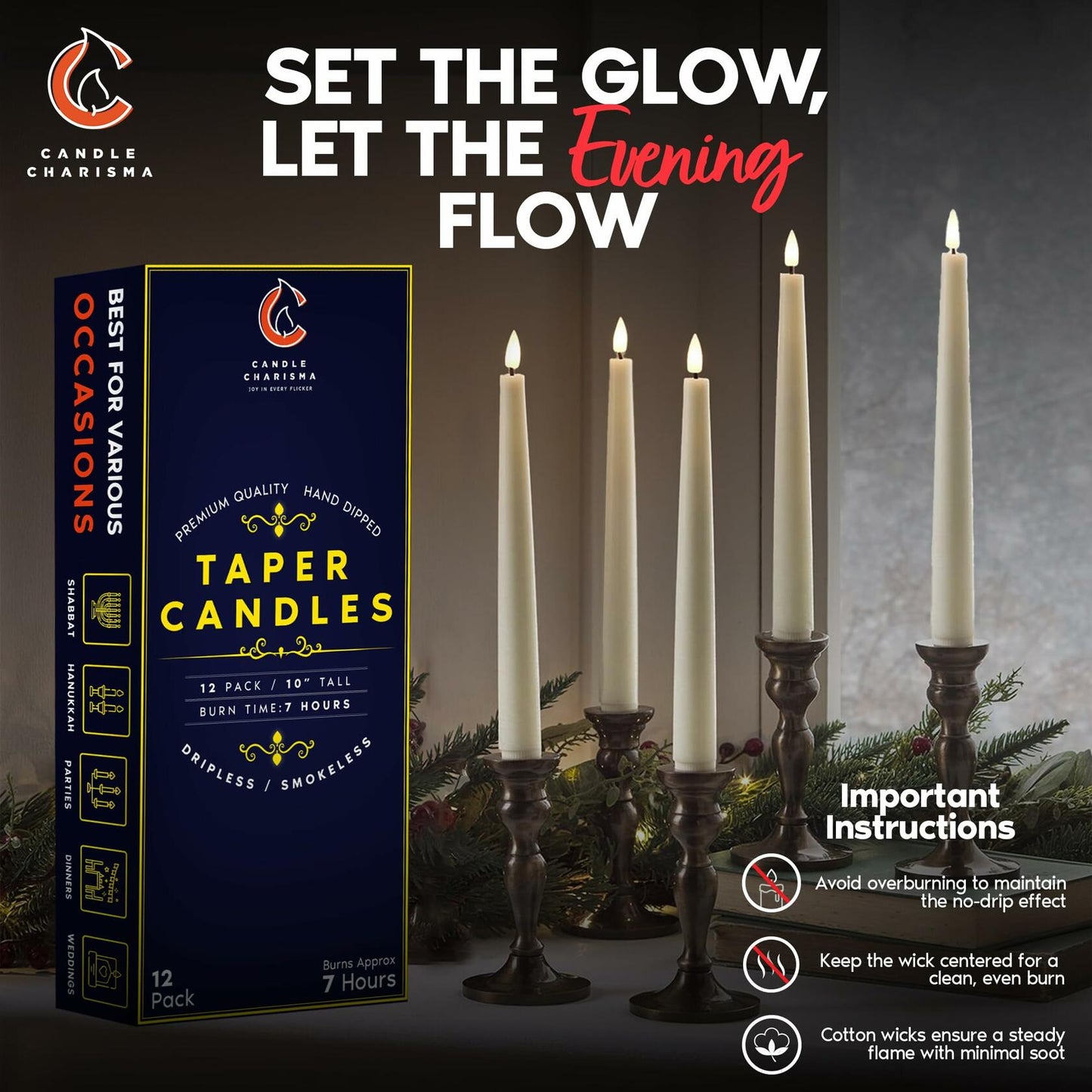 Candle Charisma Ivory Cream 10in Taper Candles Pack of 12 Unscented Dripless