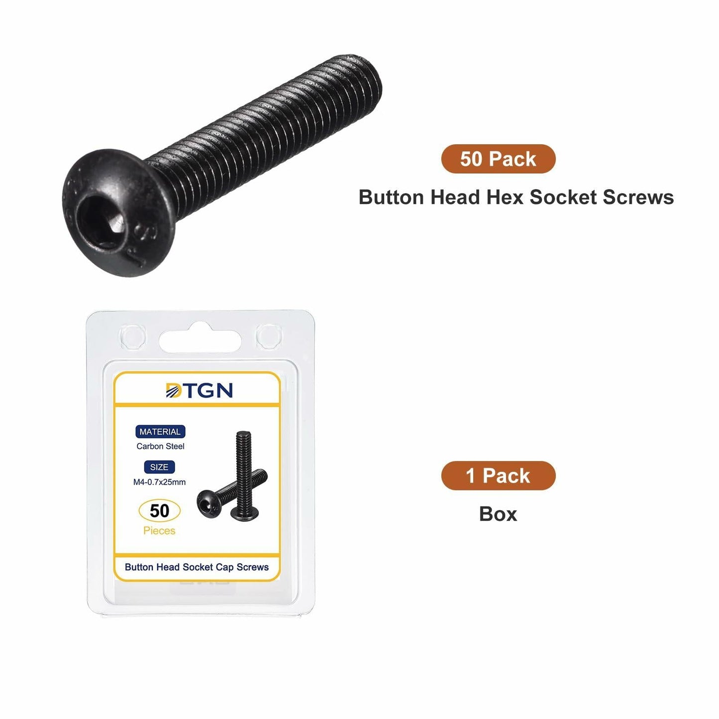 DTGN M4-0.7x25mm Button Head Socket Cap Screws 50pcs Black Carbon Steel Hex