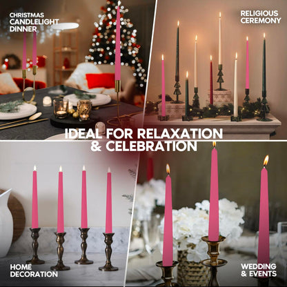Hot Pink 10 Inch Taper Candles Pack of 12 Unscented Dripless Smokeless