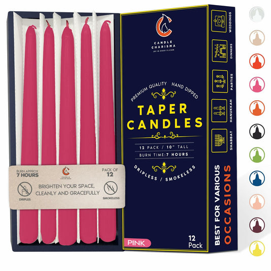 Hot Pink 10 Inch Taper Candles Pack of 12 Unscented Dripless Smokeless
