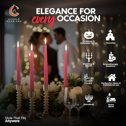 Hot Pink 10 Inch Taper Candles Pack of 12 Unscented Dripless Smokeless