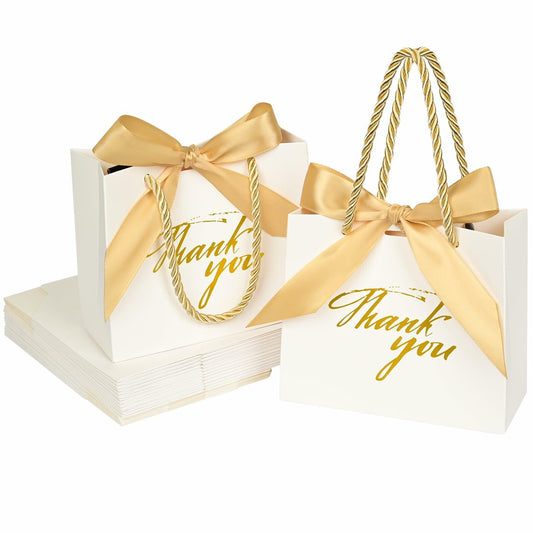 Xylitic Thank You Gift Bags White Gold Ribbon Small 5.5x2.4x4.7 Inch 24 Pack