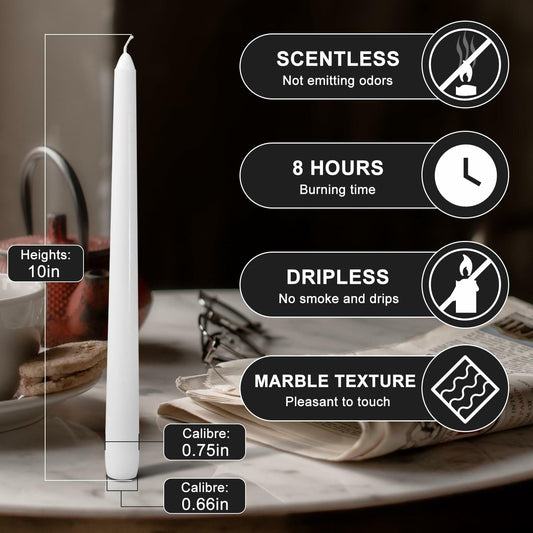 Cacou White Taper Candles 12 Pack 8Hr Burn Unscented Paraffin Wax