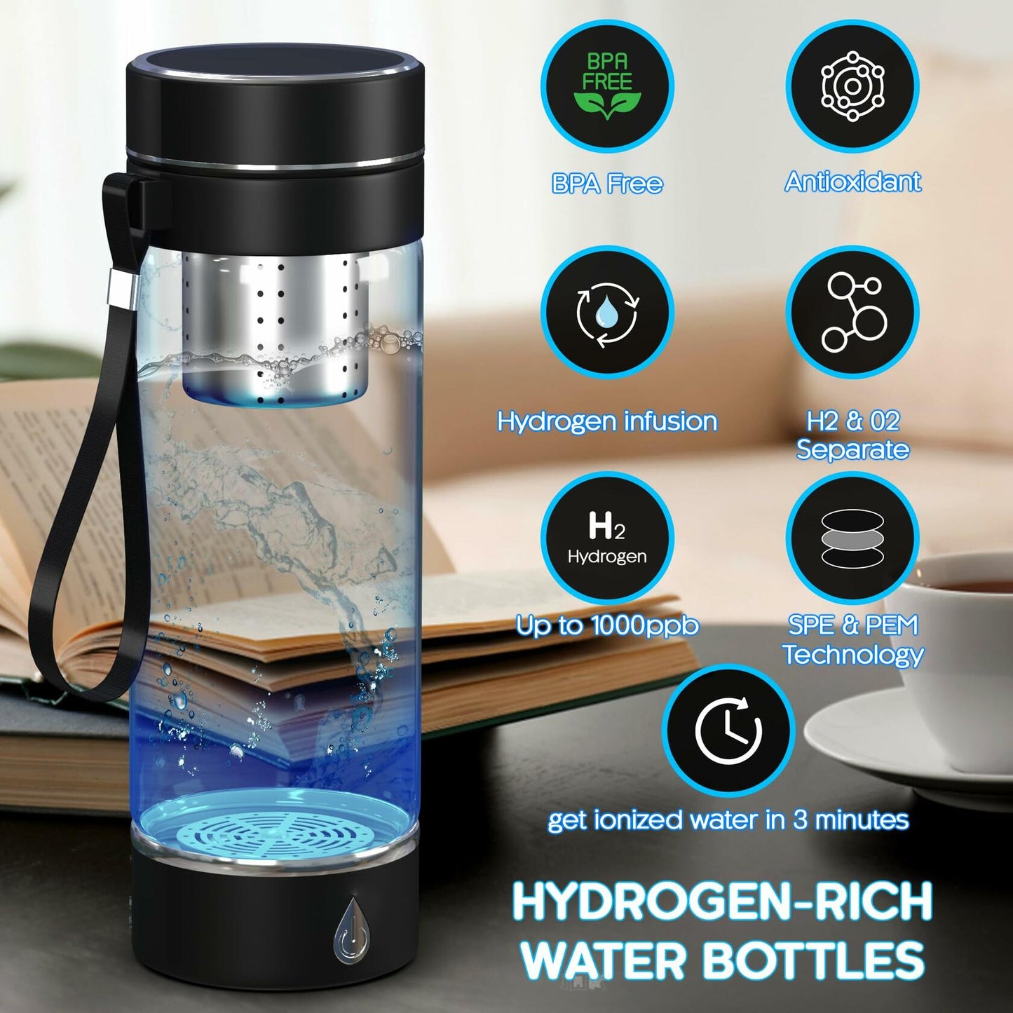 Hydrogen Water Bottle Generator Portable with Infuser 3 Min Electrolysis Black