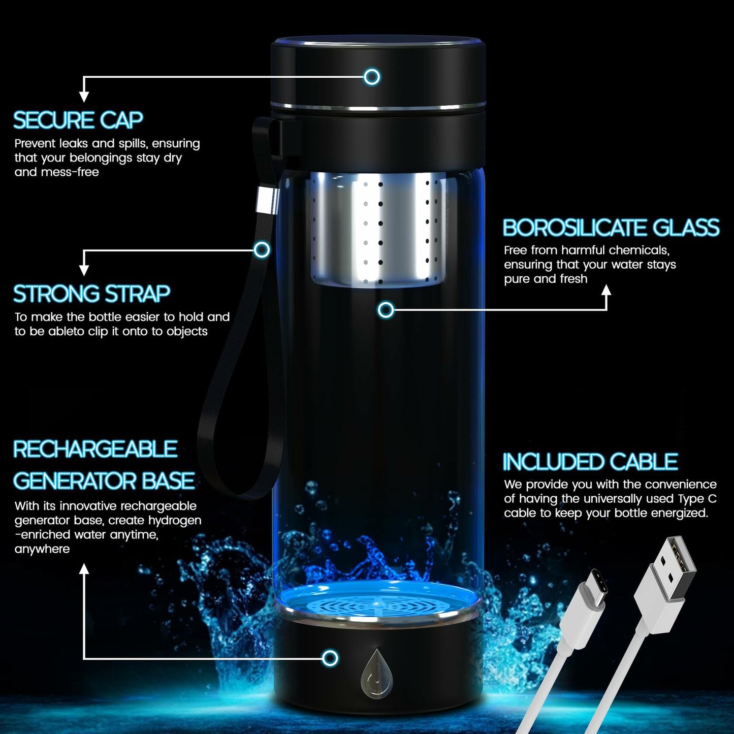 Hydrogen Water Bottle Generator Portable with Infuser 3 Min Electrolysis Black