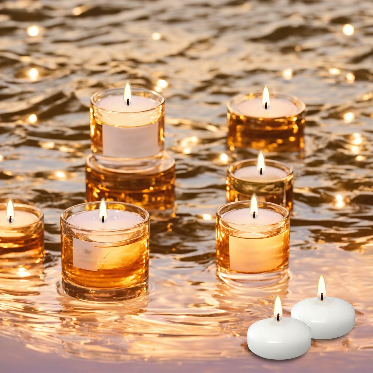 JEQUD 20 Pcs Floating Candles 1.5 Inch Unscented White Warm Tealights
