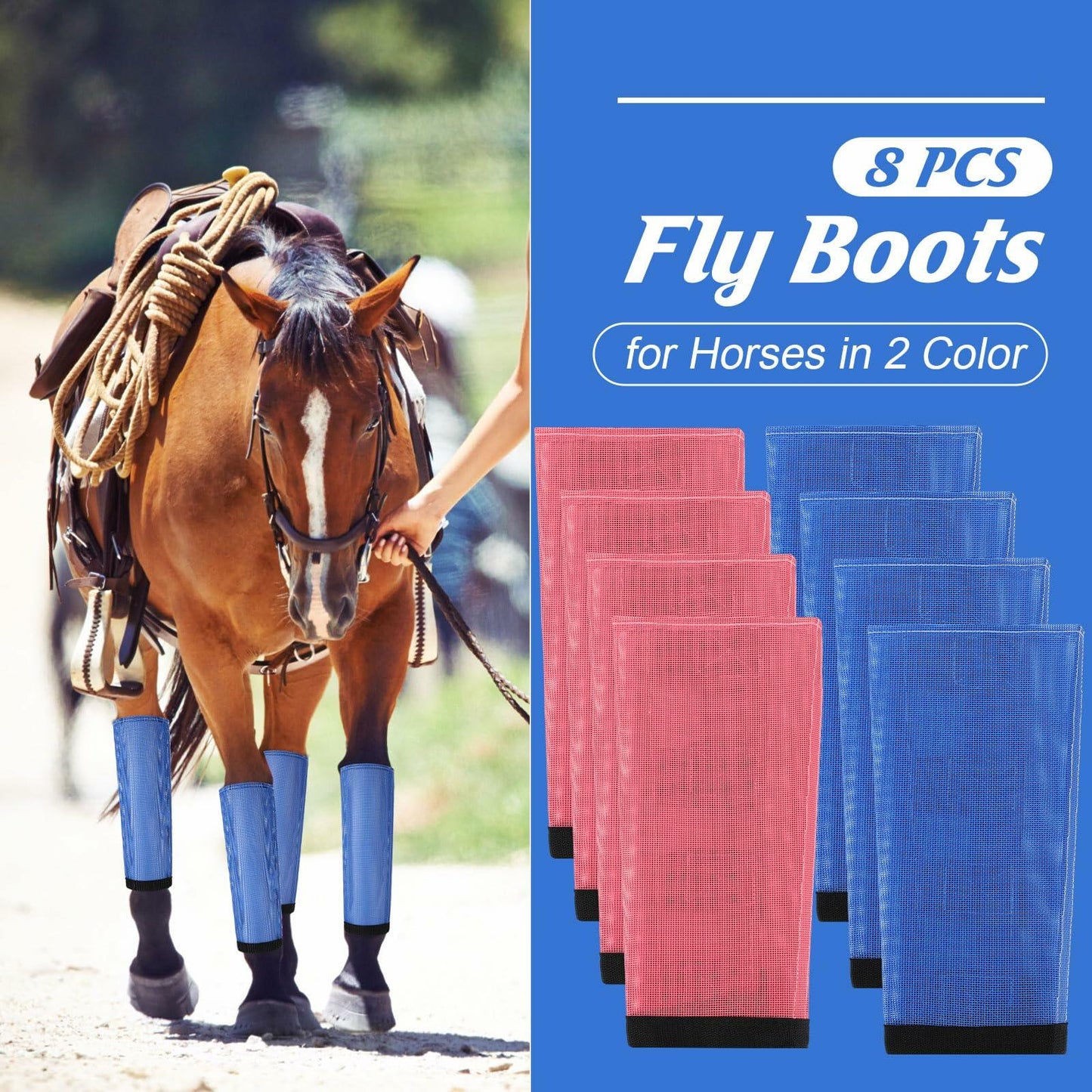 Bulyoou Set of 8 Mesh Fly Boots for Horse Breathable Adjustable Orange Purple