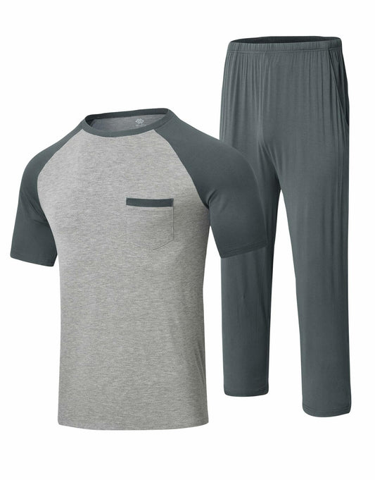 MoFiz Men’s Pajama Set V-Neck Short Sleeve Sleepwear Striped Grey Blue Size M