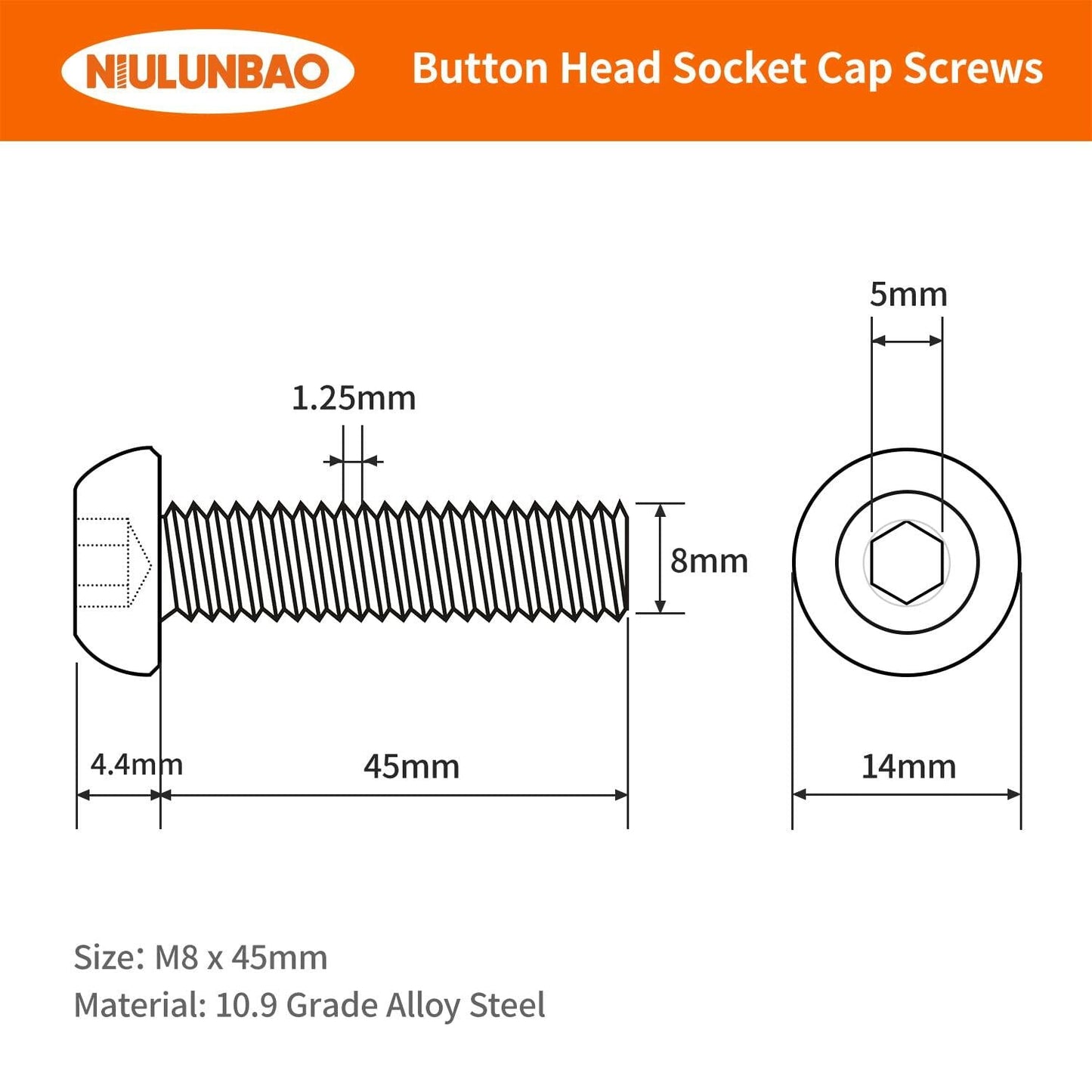 NIULUNBAO M8-1.25x45mm Button Head Socket Cap Screws Black Oxide 10pcs