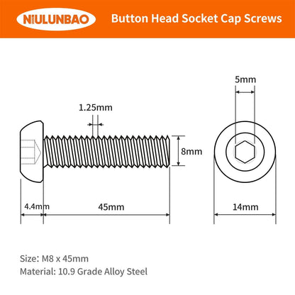 NIULUNBAO M8-1.25x45mm Button Head Socket Cap Screws Black Oxide 10pcs