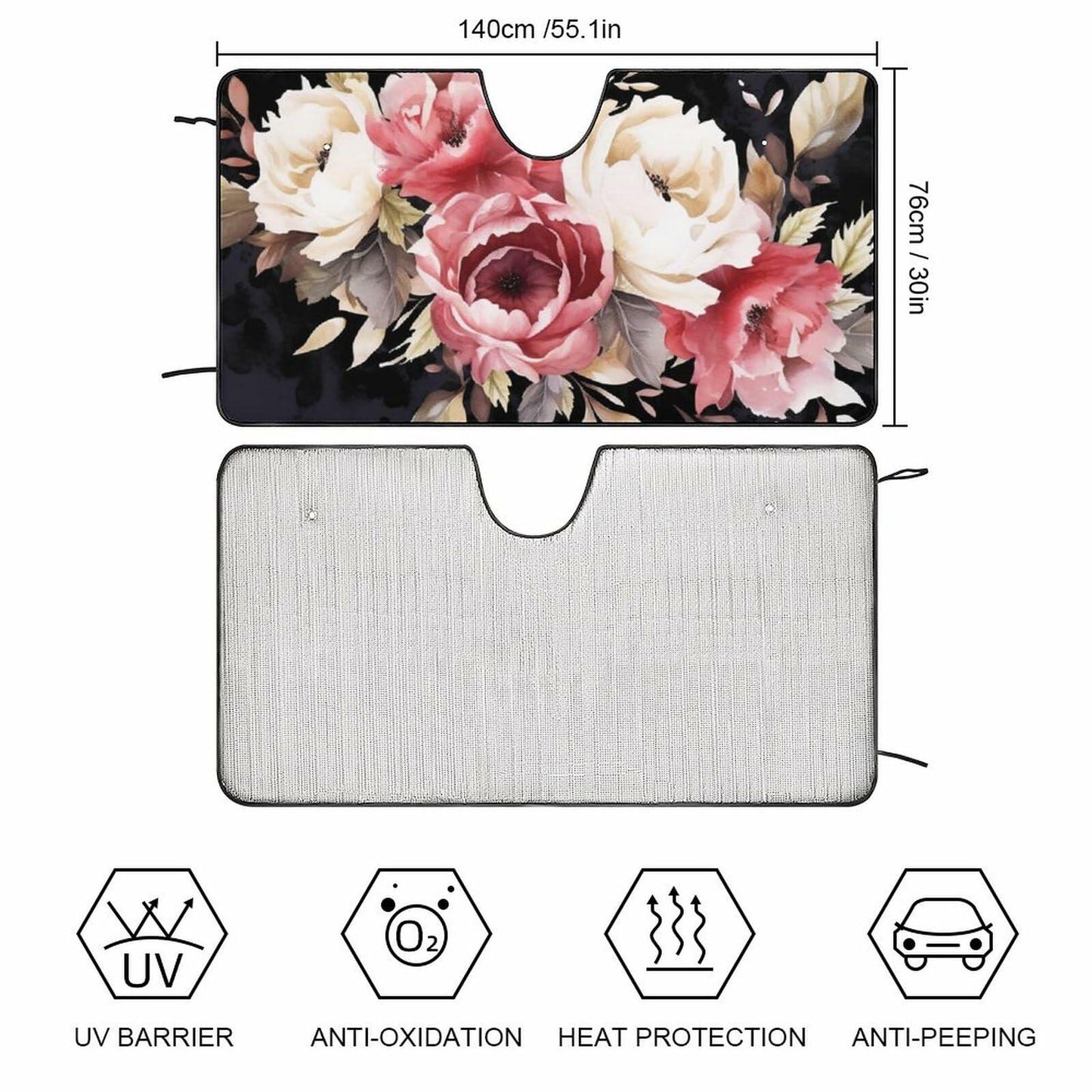 BAHELS Watercolor Black Floral Windshield Sun Shade UV Protector 55x30