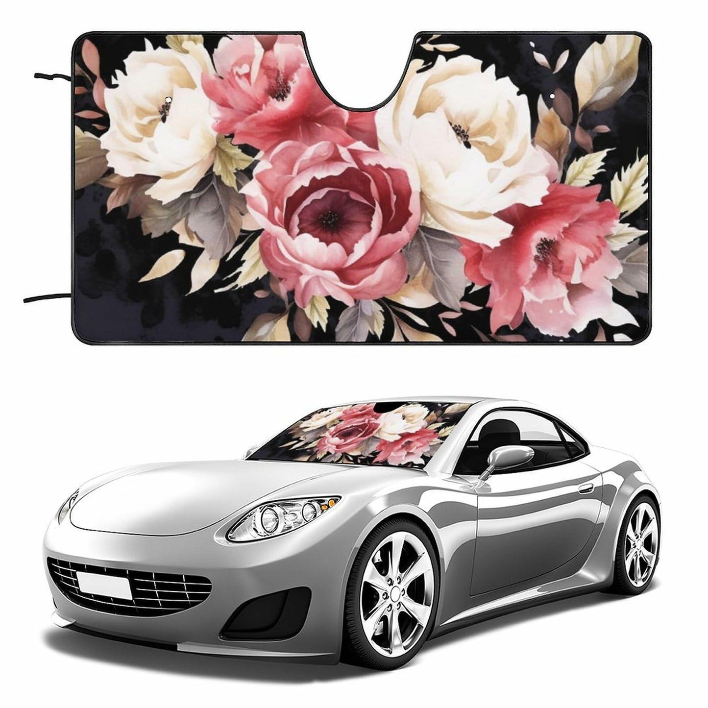 BAHELS Watercolor Black Floral Windshield Sun Shade UV Protector 55x30