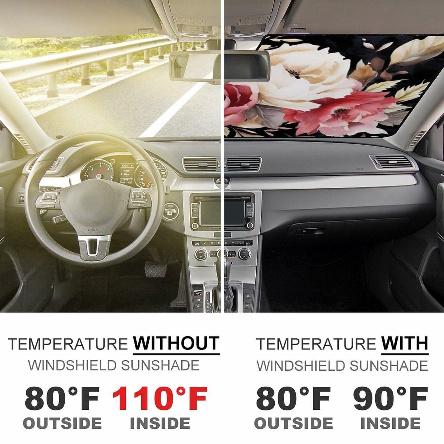 BAHELS Watercolor Black Floral Windshield Sun Shade UV Protector 55x30