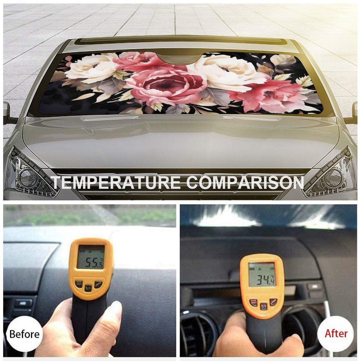 BAHELS Watercolor Black Floral Windshield Sun Shade UV Protector 55x30