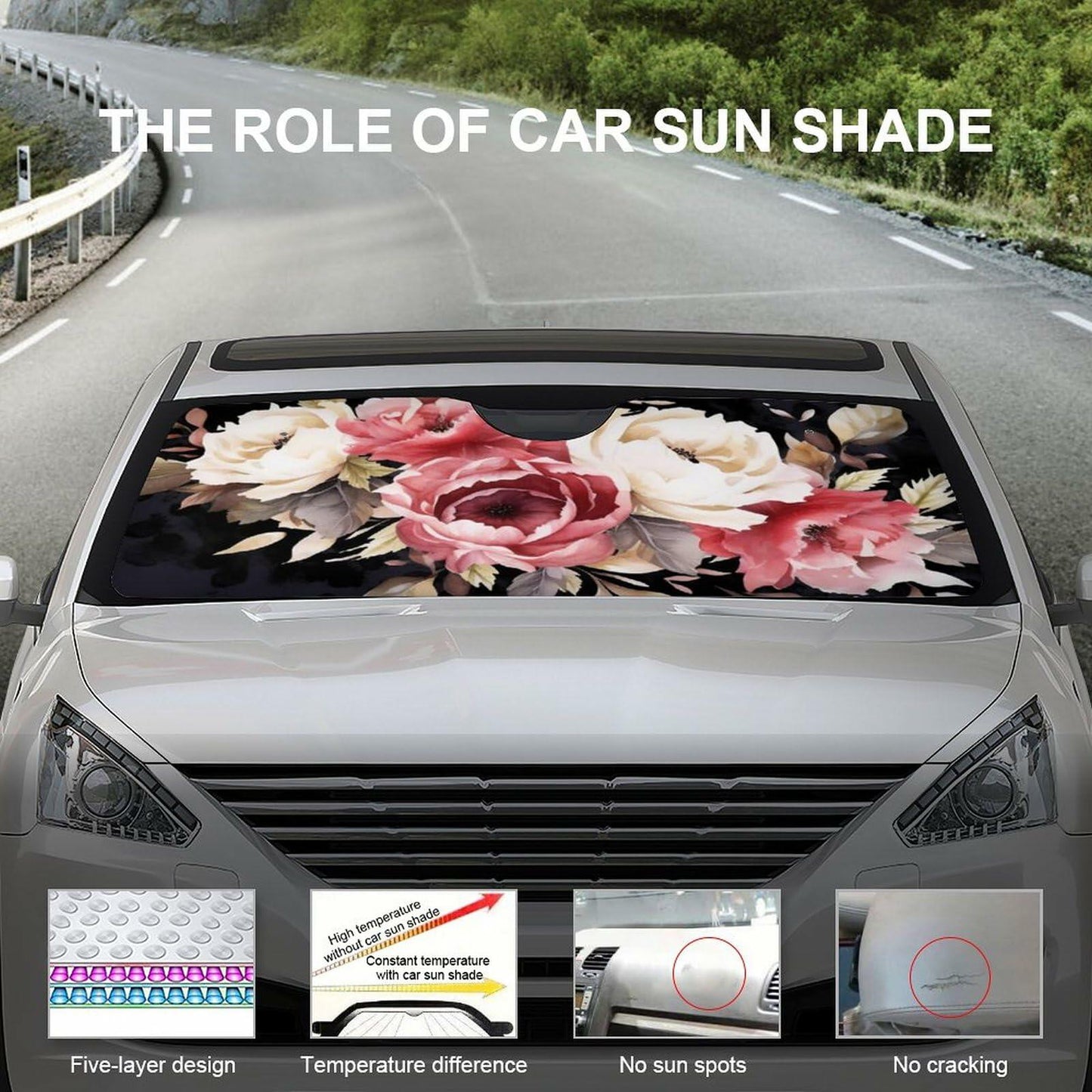 BAHELS Watercolor Black Floral Windshield Sun Shade UV Protector 55x30