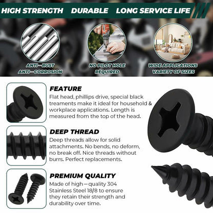 Fayeploo #10x3/4" Flat Head Wood Screws 50pcs Black Oxide Stainless Steel