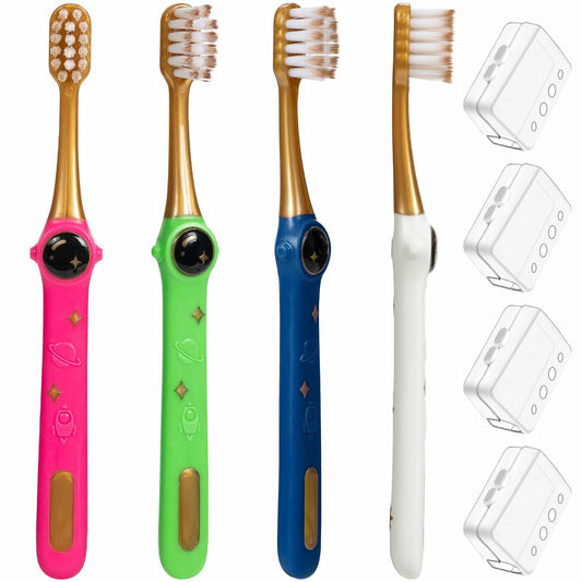 PRASBURR Toddler Toothbrush 4-Pack Galactic Adventures Soft Bristles Age 2-4+