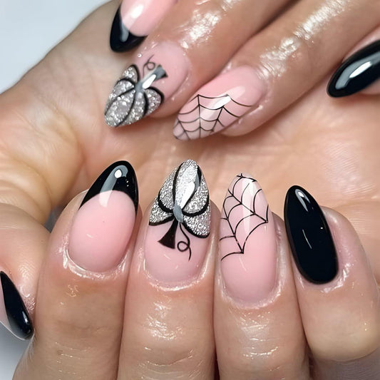 24PCS Halloween Short Almond Press-On Nails Pink & Black Pumpkin Spider Web