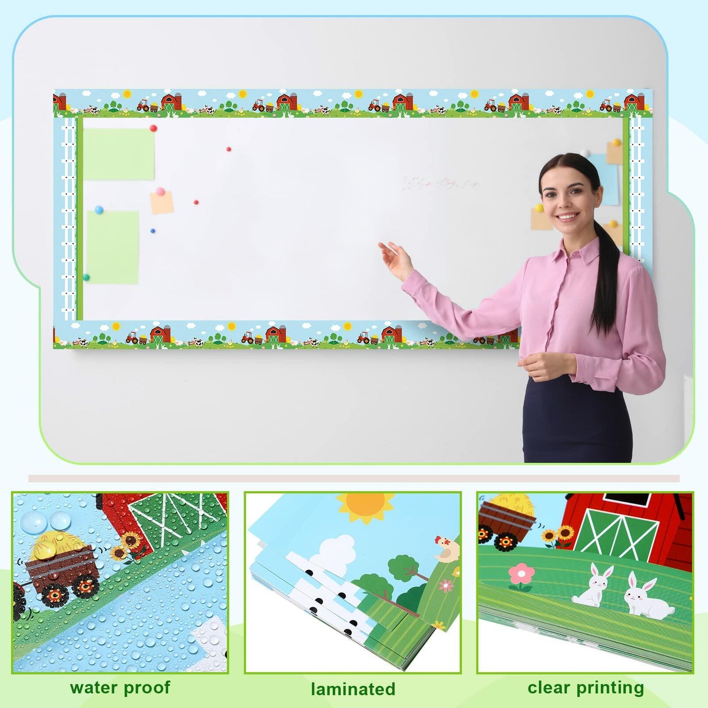 Eaasty 36 Pcs Farm Bulletin Board Border Animals Blue Green School Decor
