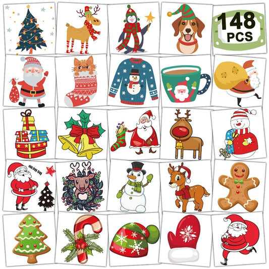 CHARLENT 148pcs Christmas Temporary Tattoos for Kids Xmas Party Favors