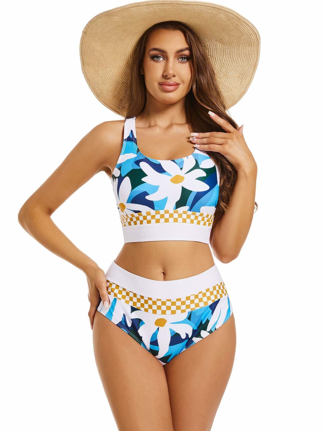 Subriank 2-Piece High-Waist Colorblock Swimsuit for Women (DeepSkyBlue, M)