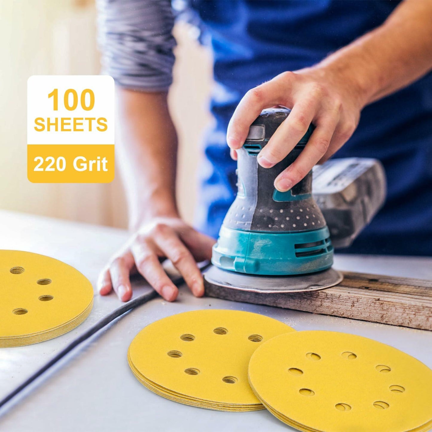 VFINE 5” 220 Grit Sandpaper 100PCS Hook & Loop Orbital Sanding Discs Wood