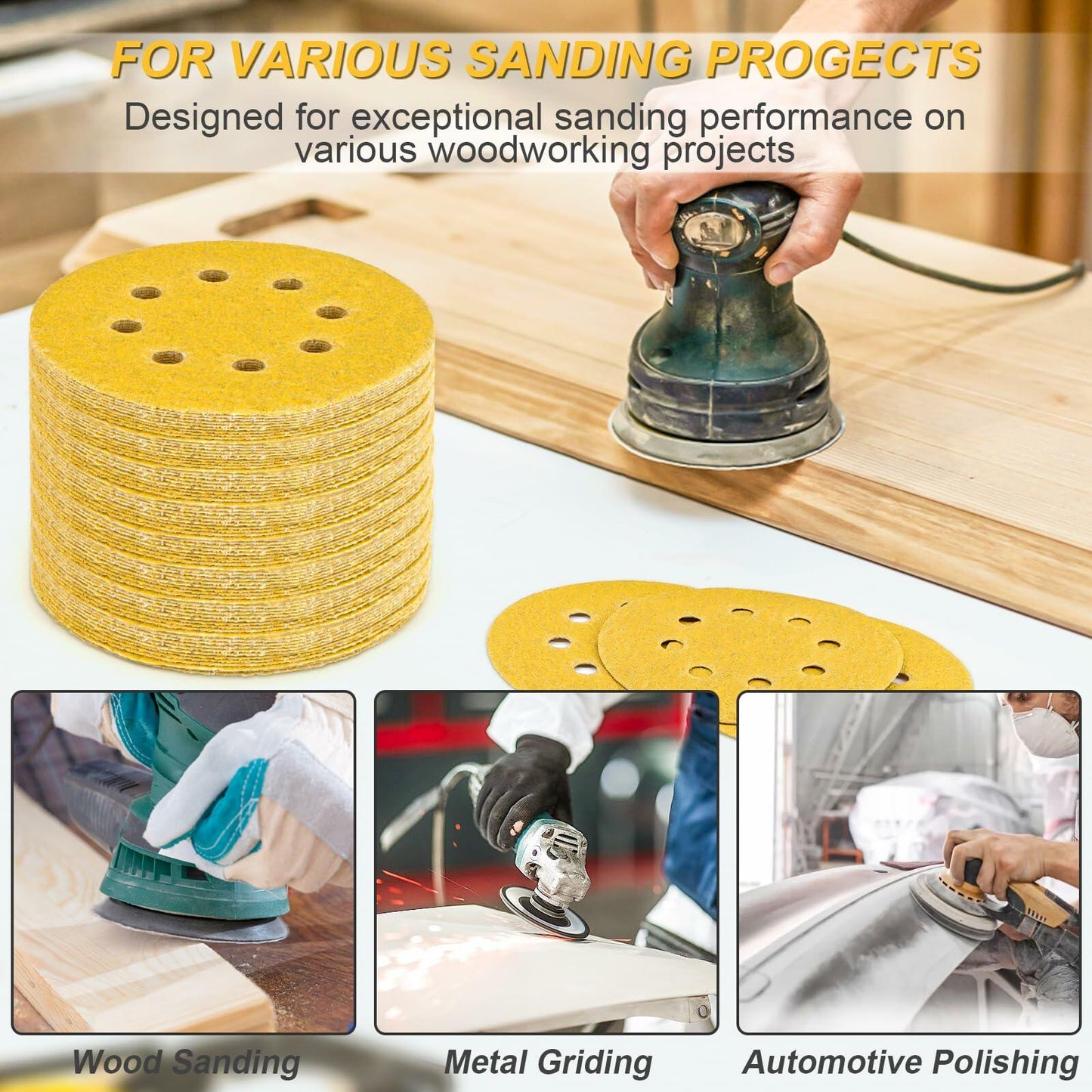 VFINE 5” 220 Grit Sandpaper 100PCS Hook & Loop Orbital Sanding Discs Wood