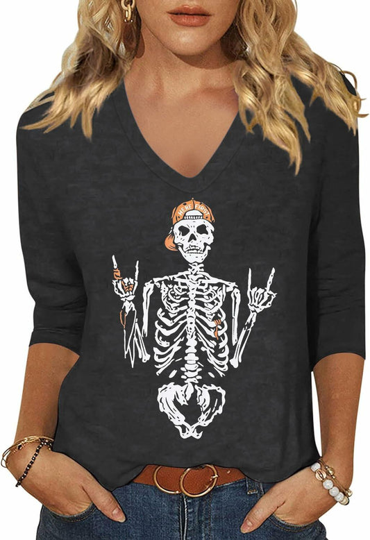 Women Skeleton Halloween V Neck Shirt 3/4 Sleeve Skull Top XL Grey