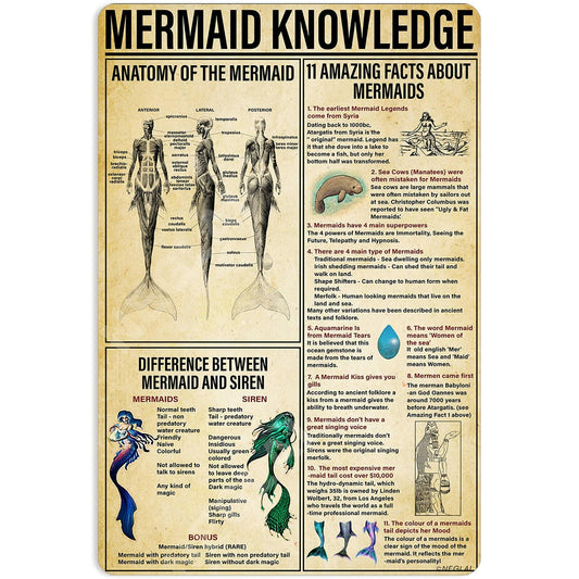 NEGLAI Mermaid Knowledge Metal Sign Poster Vintage Wall Art 16x12 Inches