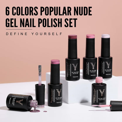 YOKE FELLOW Gel Nail Polish Set 6 Pcs 10ML Nude Pink Glitter Gel Polish